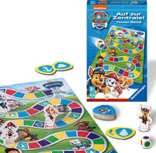 Detailfoto Ravensburger Paw Patrol Race the Tower, spelbord met pionnen van Chase, Marshall, Skye en Everest