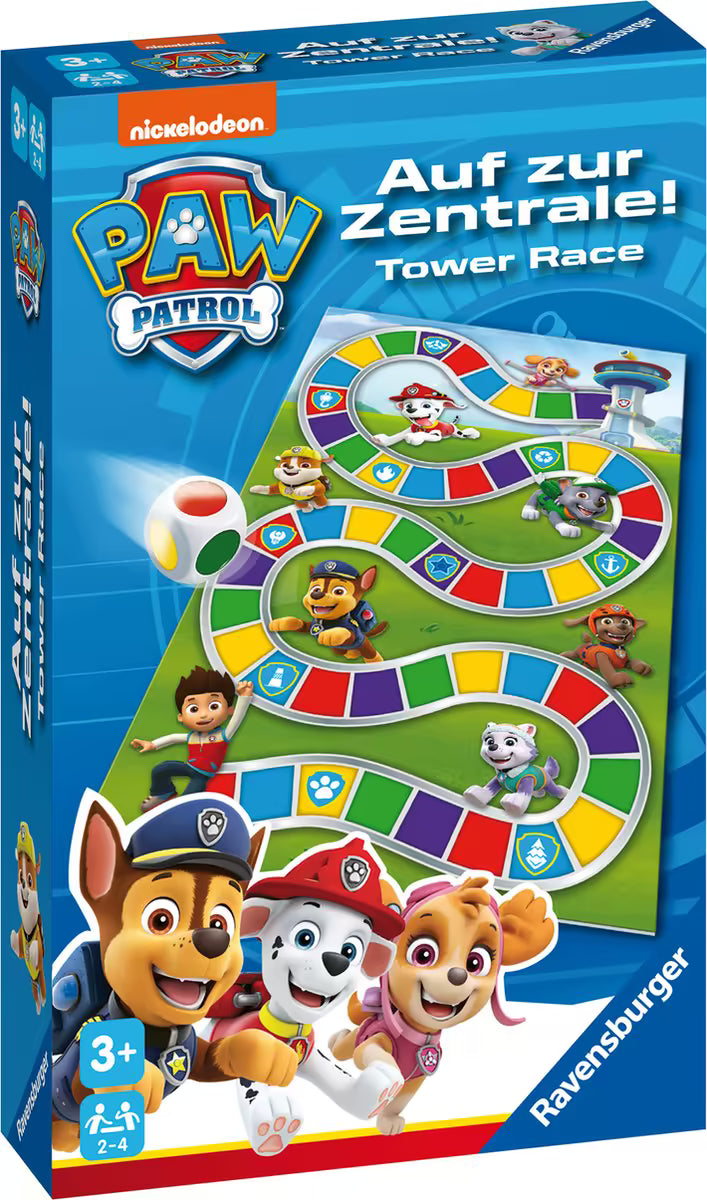 Voorkant verpakking Ravensburger Paw Patrol Race the Tower, kleurrijk bordspel voor kinderen vanaf 3 jaar