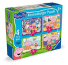 Voorkant verpakking Ravensburger Peppa Pig 4-in-1 puzzel, kleurrijk doosontwerp met 12, 16, 20 en 24 stukjes.