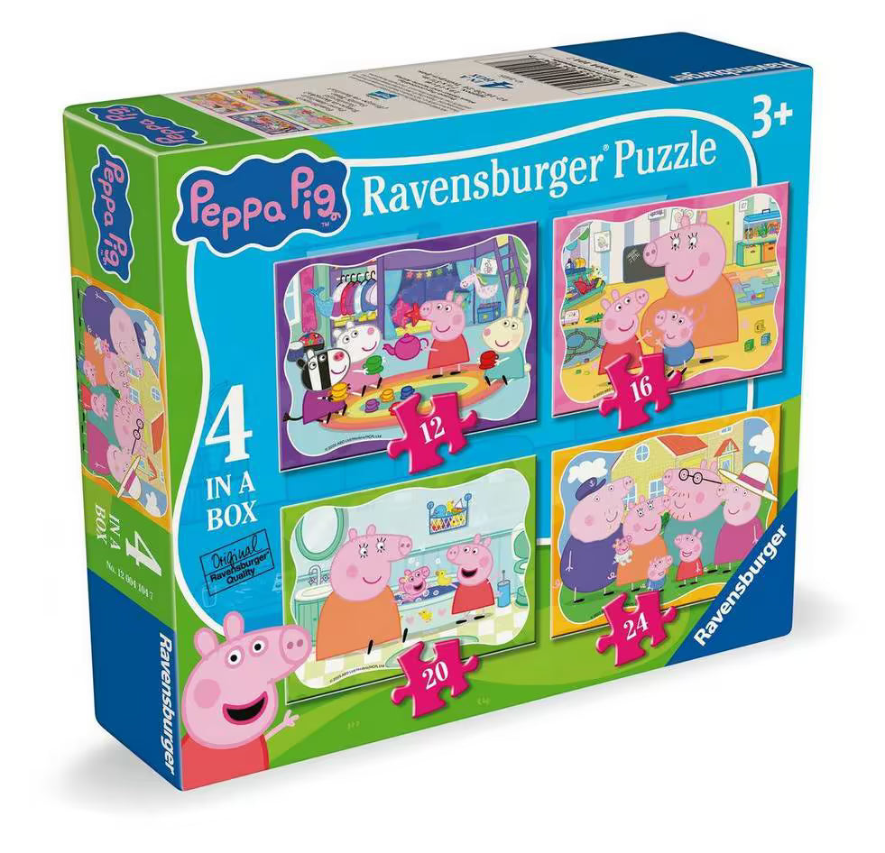 Voorkant verpakking Ravensburger Peppa Pig 4-in-1 puzzel, kleurrijk doosontwerp met 12, 16, 20 en 24 stukjes.