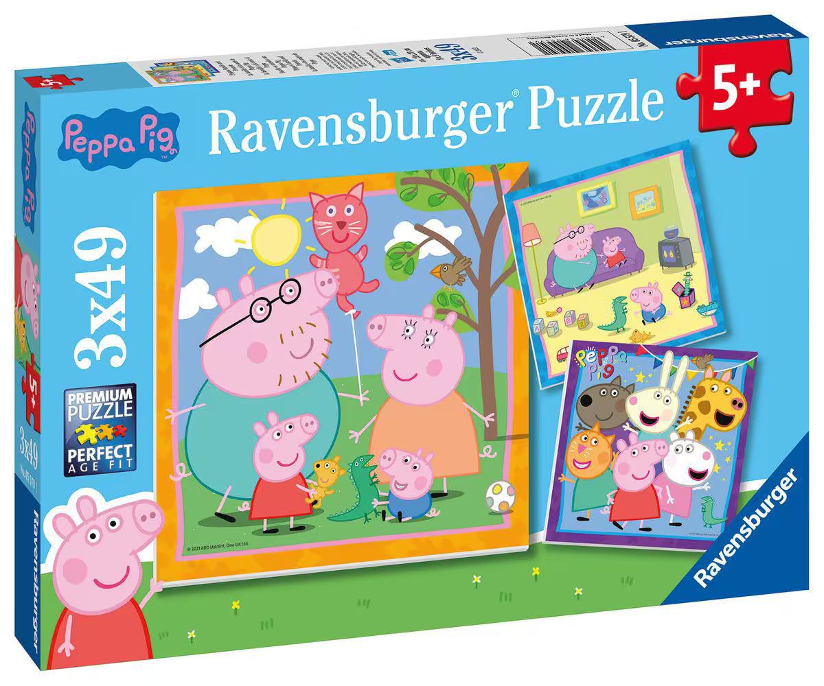 Voorkant verpakking Ravensburger Peppa Pig puzzel 3x49pcs, kleurrijk kinderspeelgoed voor peuters vanaf 5 jaar.