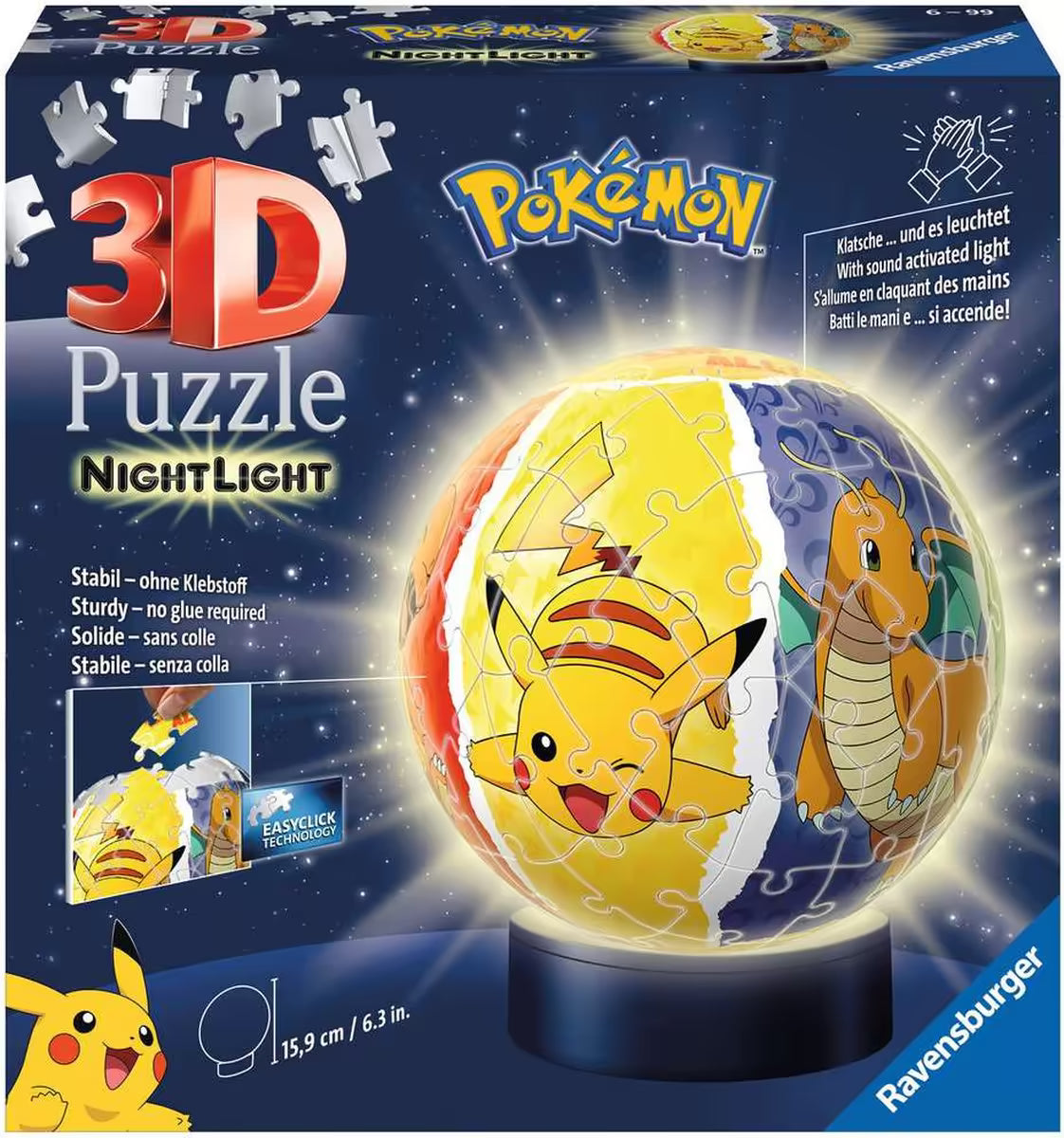 Ravensburger Pokémon 3D puzzel nachtlampje baby en kind, stevige verpakking met kleurrijk design.