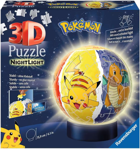 Ravensburger Pokémon 3D puzzel nachtlampje baby en kind, stevige verpakking met kleurrijk design.