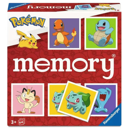 Voorkant van Ravensburger Pokémon memory doos met vrolijke karakters, Pikachu, Charmander, Squirtle, Meowth, Bulbasaur, Wobbuffet.

