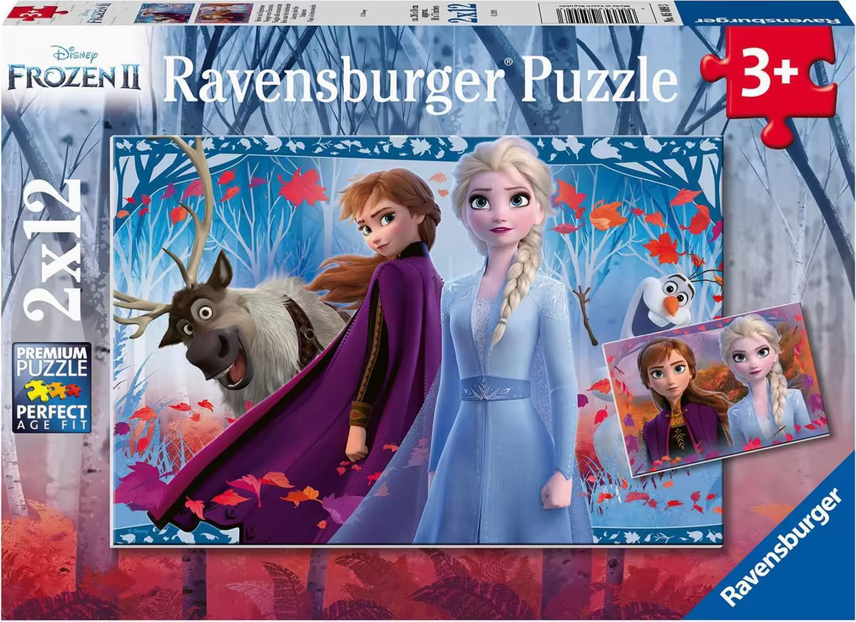 Ravensburger puzzle Frozen II verpakking met kleurrijke herfstachtergrond en personages, veilig en leuk voor kinderen