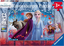Ravensburger puzzle Frozen II verpakking met kleurrijke herfstachtergrond en personages, veilig en leuk voor kinderen