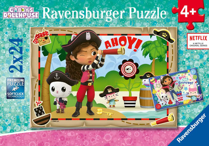 Voorkant van Ravensburger puzzel Gabby’s poppenhuis 2x24pcs met piratenthema, kleurrijk en speels voor peuters.