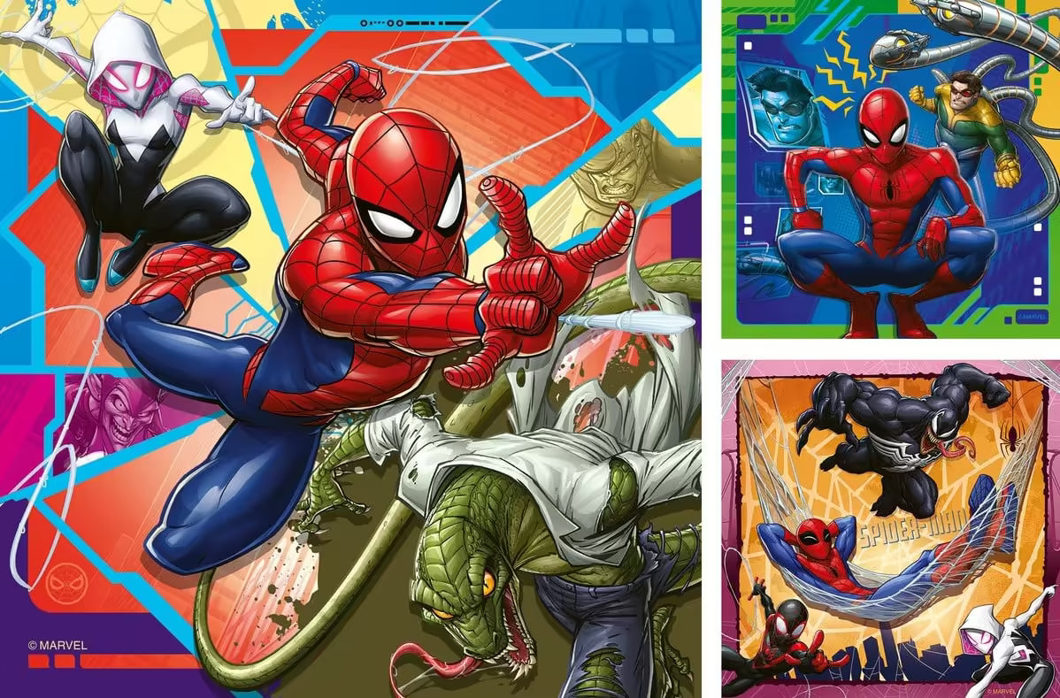 Overzicht van drie kleurrijke Ravensburger puzzels Spider-Man 3x49st met scènes van helden en schurken in actie.