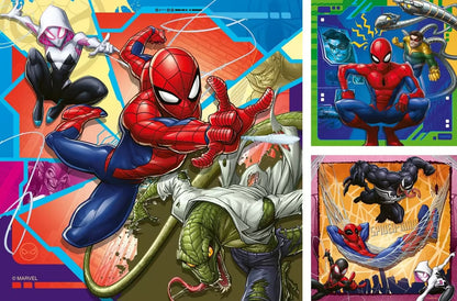 Overzicht van drie kleurrijke Ravensburger puzzels Spider-Man 3x49st met scènes van helden en schurken in actie.