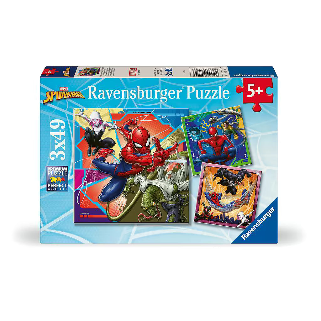 Voorkant verpakking Ravensburger puzzel Spider-Man 3x49st, geschikt vanaf 5 jaar, met kleurrijke actiebeelden.