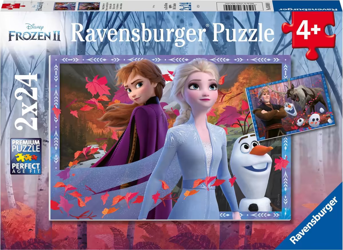 Bovenaanzicht Ravensburger puzzle Frozen II verpakking met heldere print van Anna, Elsa en Olaf, ideaal puzzelplezier voor jonge kinderen.