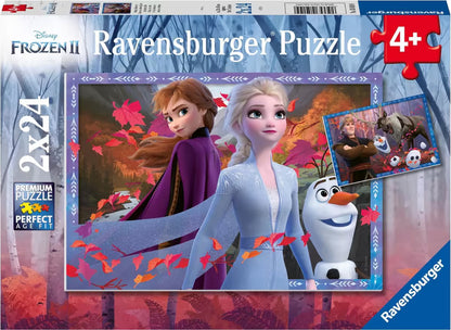 Bovenaanzicht Ravensburger puzzle Frozen II verpakking met heldere print van Anna, Elsa en Olaf, ideaal puzzelplezier voor jonge kinderen.