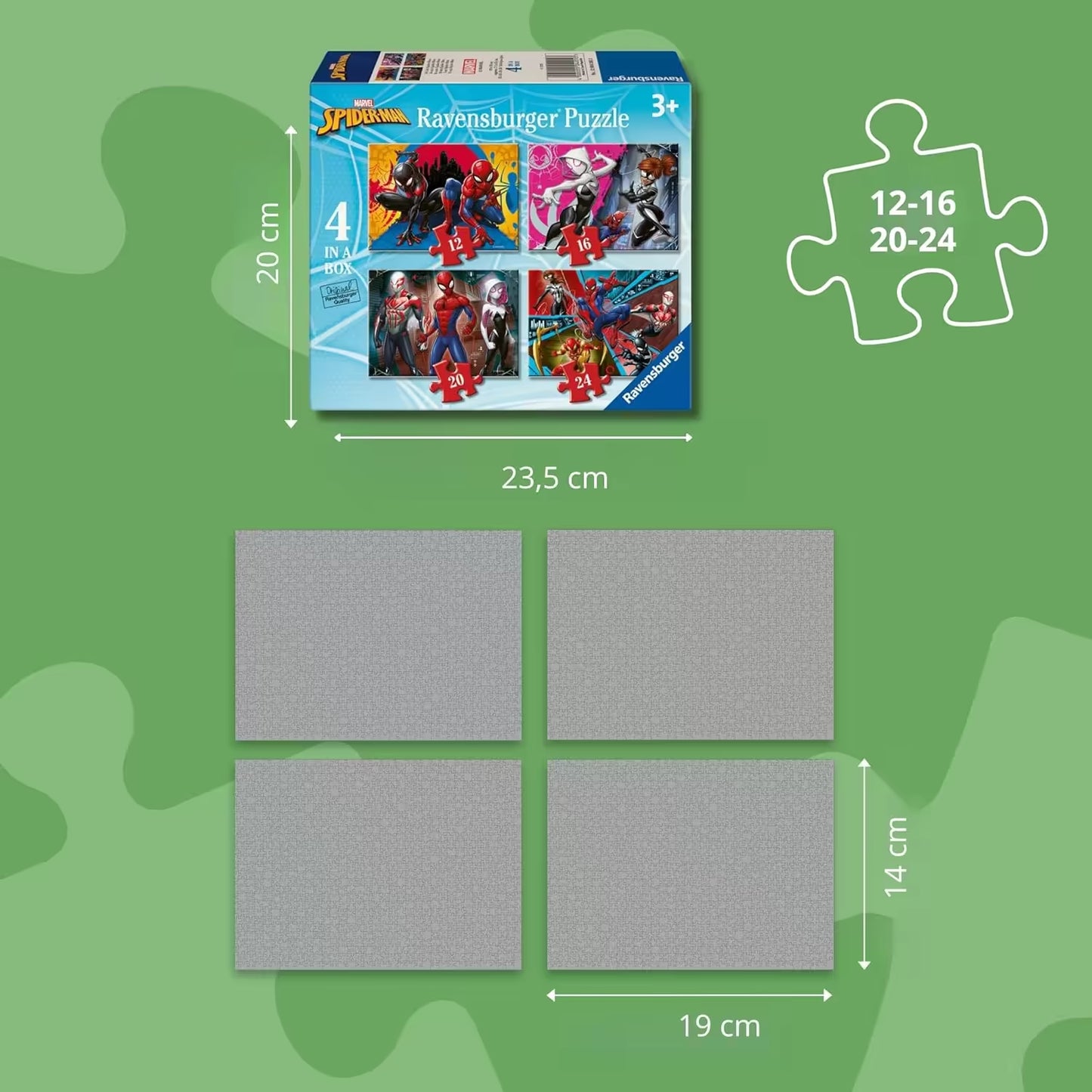 Achterzijde doos Ravensburger Spiderman 4-in-1 puzzel met maten 19 x 14 cm, geschikt voor peuters.
