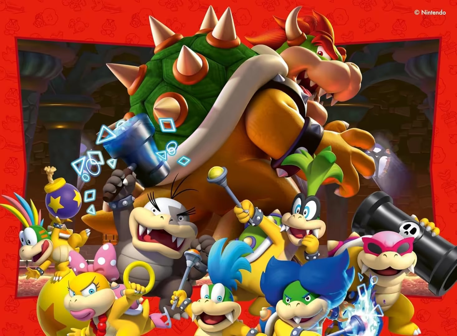 Ravensburger Super Mario 4-in-1 puzzel met Bowser en de Koopalings in actie, stoer kinderspeelgoed voor fans.