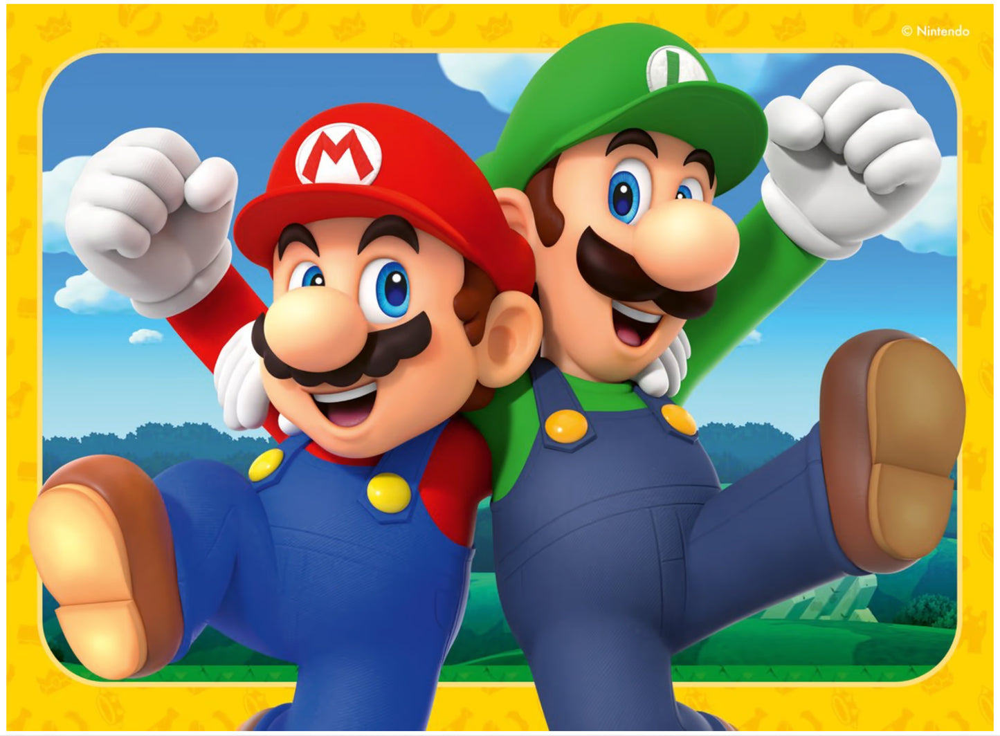 Ravensburger Super Mario 4-in-1 puzzel met Mario en Luigi vrolijk springend, kleurrijk kinderspeelgoed voor fans.