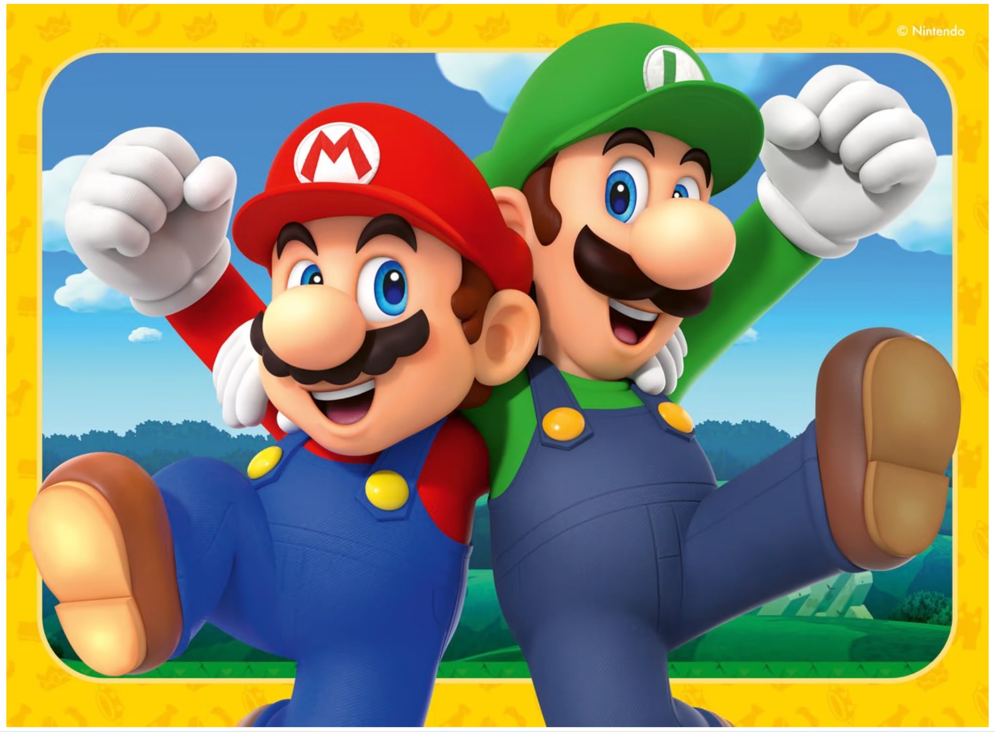 Ravensburger Super Mario 4-in-1 puzzel met Mario en Luigi vrolijk springend, kleurrijk kinderspeelgoed voor fans.