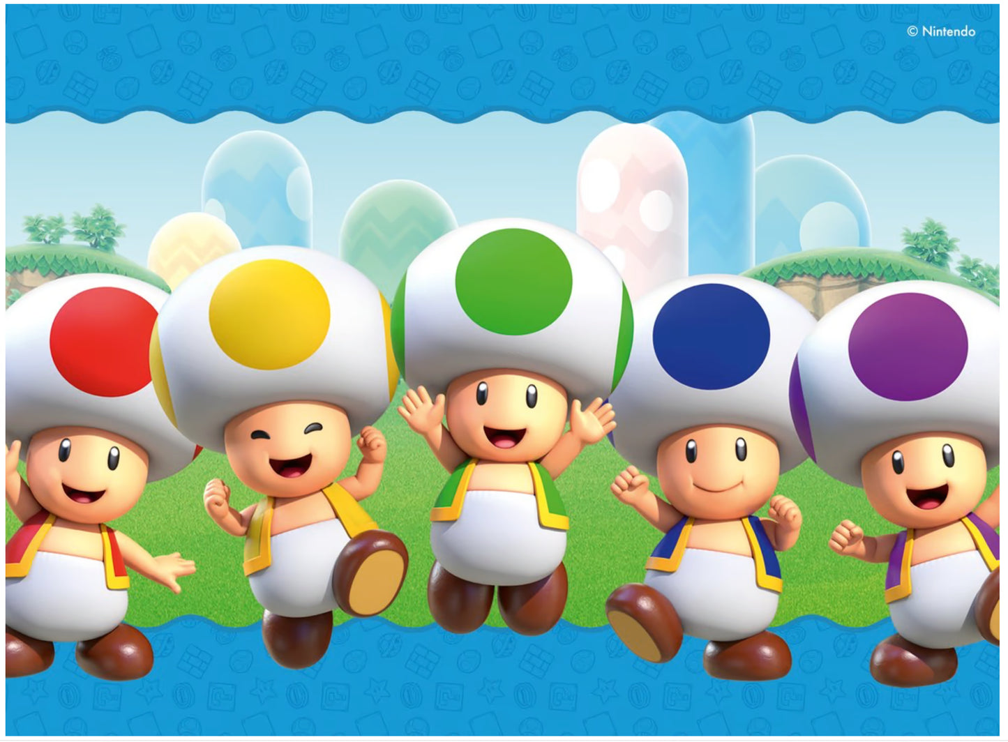 Super Mario Ravensburger 4-in-1 puzzel met Toads in vijf kleuren, vrolijk kinderspeelgoed voor peuters en kinderen.