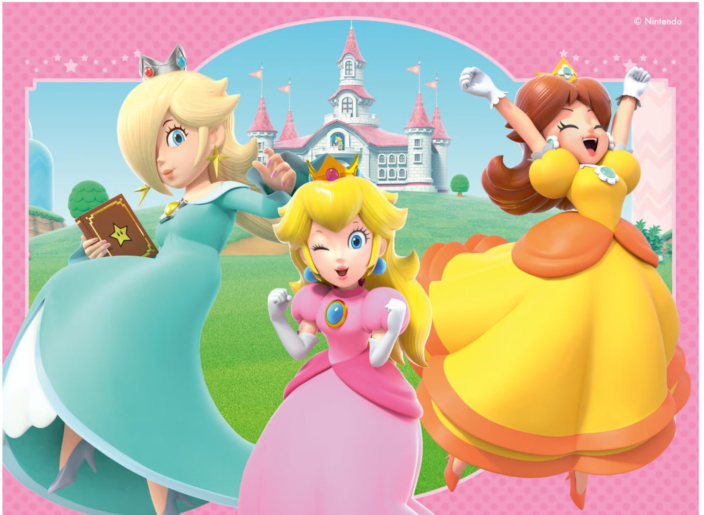 Super Mario Ravensburger 4-in-1 puzzel met prinses Peach, Daisy en Rosalina in vrolijke jurken, leuk voor kinderen.