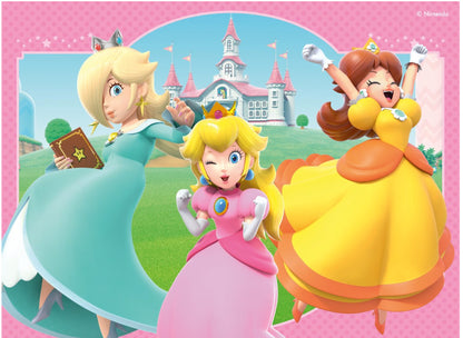 Super Mario Ravensburger 4-in-1 puzzel met prinses Peach, Daisy en Rosalina in vrolijke jurken, leuk voor kinderen.
