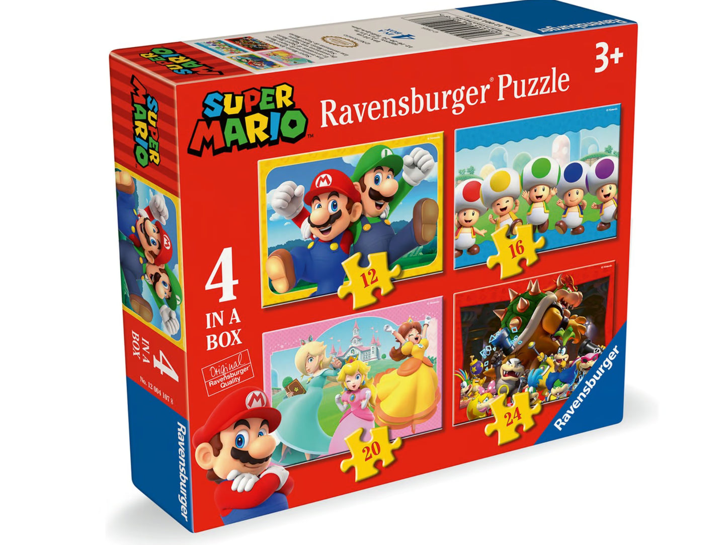 Voorkant verpakking Ravensburger Super Mario 4-in-1 puzzel met 12, 16, 20 en 24 stukjes, ideaal kinderspeelgoed vanaf 3 jaar.