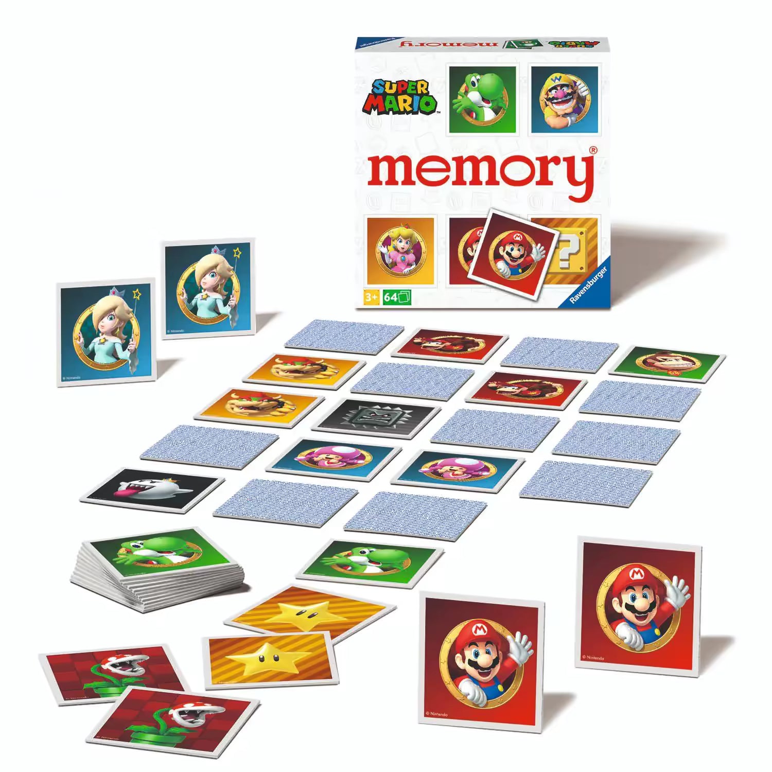 Bovenaanzicht van Ravensburger Super Mario memory spel met kaarten opengelegd, leuk speelgoed voor peuters en kinderen.