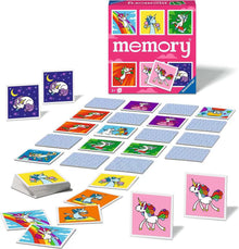 Bovenaanzicht Ravensburger Unicorn Memory, opengelegd spel met kleurrijke eenhoorn kaarten, perfect speelgoed voor peuters.