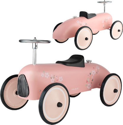 Retro loopauto Little Dutch roze met bloemenprint, twee stuks schuin perspectief productfoto