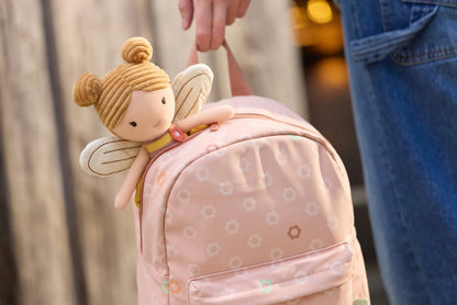 Rugtas kinderen Jollein Flower met knuffelpop, roze peuter rugzak gedragen door kind