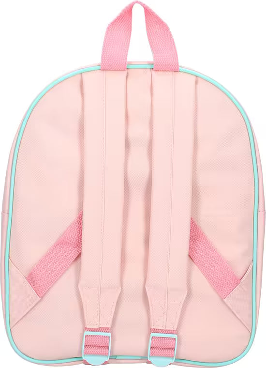 Achterzijde van lichtroze rugzak kind met verstelbare schouderbanden, ideaal voor peuters en jonge kinderen.