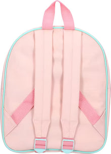 Achterzijde van lichtroze rugzak kind met verstelbare schouderbanden, ideaal voor peuters en jonge kinderen.
