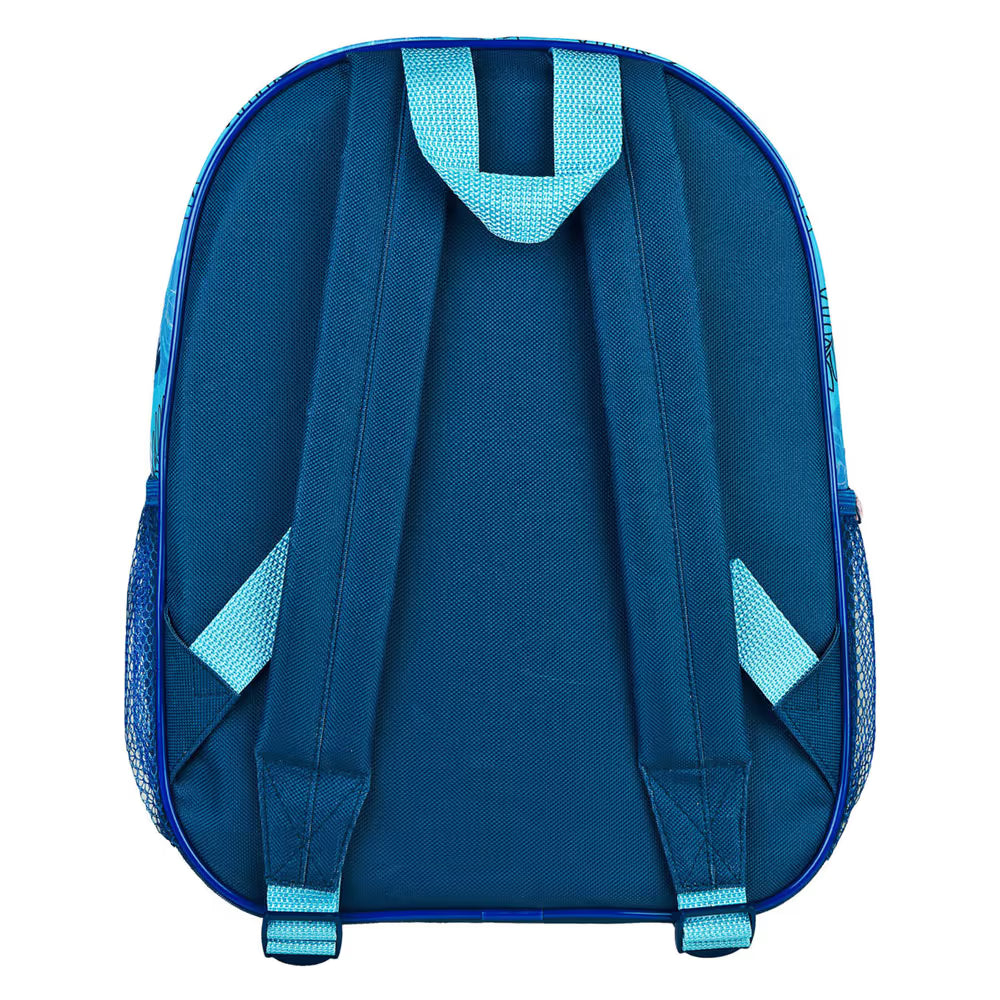 Achterzijde kinder rugzak in blauw met verstelbare schouderbanden, veilige en comfortabele pasvorm.