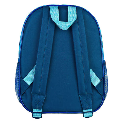Achterzijde kinder rugzak in blauw met verstelbare schouderbanden, veilige en comfortabele pasvorm.