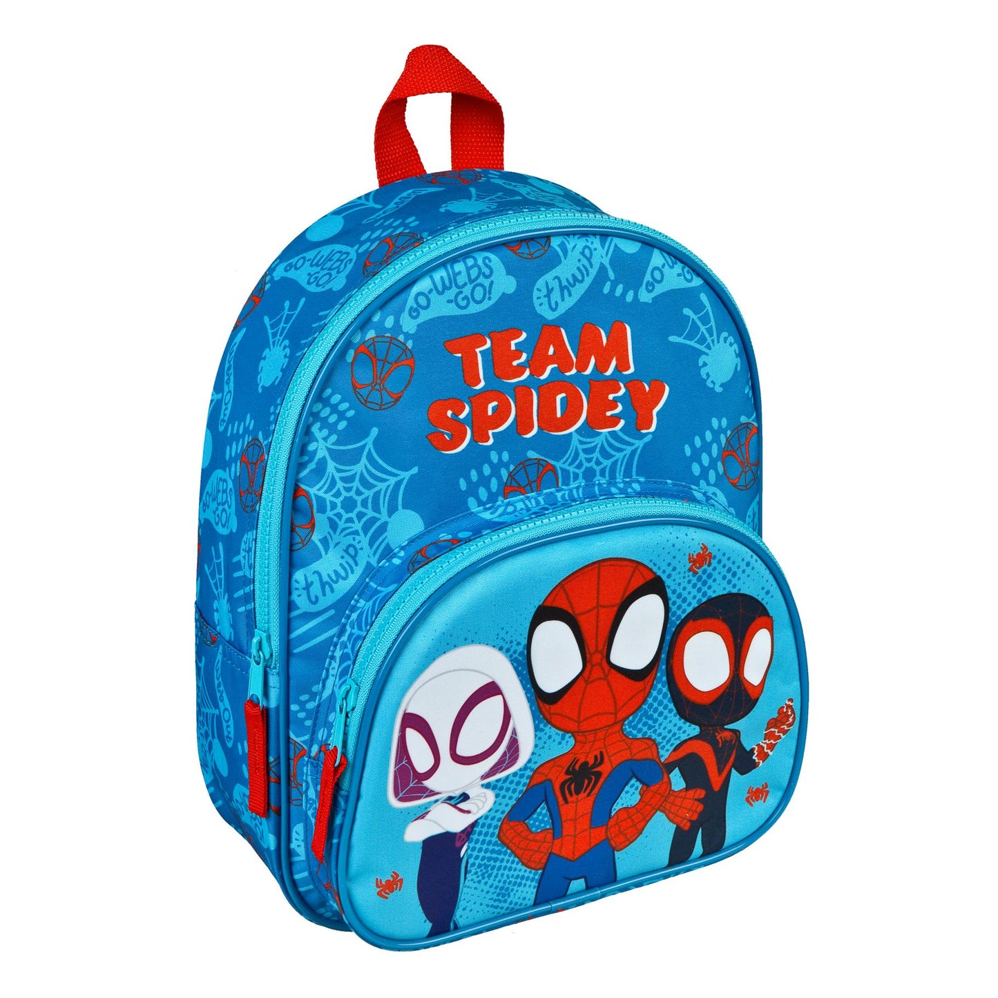 Rugzak kind blauw met Team Spidey opdruk en drie Marvel karakters, voorkant getoond op witte achtergrond