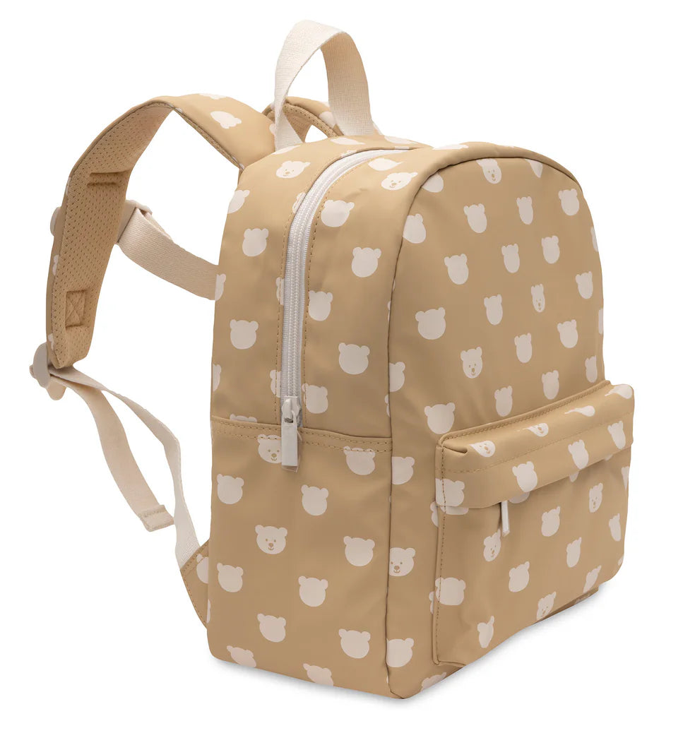 Rugzak kind Jollein beige met witte teddybeer print, verstelbare schouderbanden en voorzak
