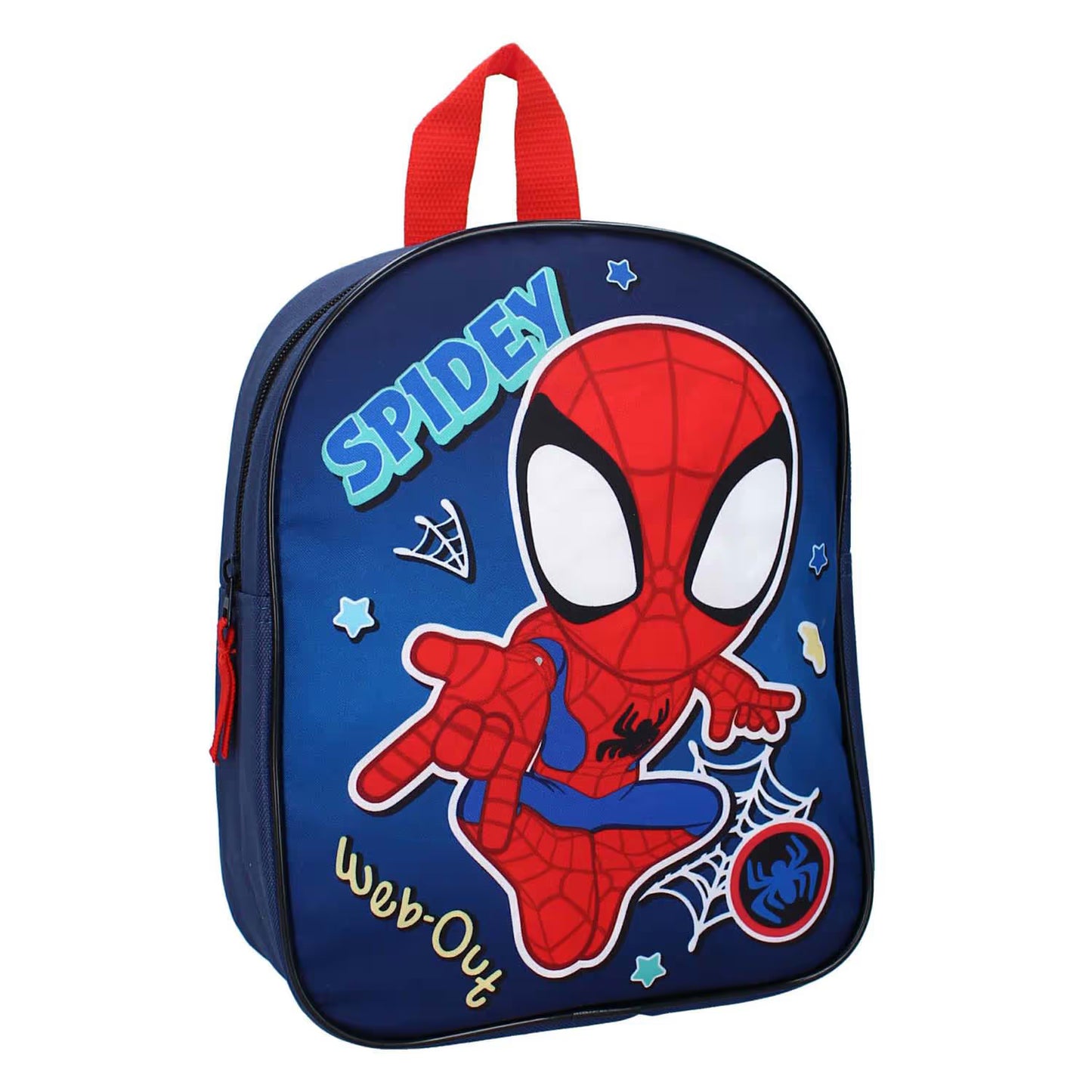Kinder rugzak Marvel Spiderman met Spidey print in blauw en rood, 3D vooraanzicht, ideaal voor school en uitstapjes.