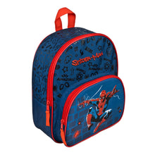 Rugzak kind blauw-rood met Marvel Spider-Man print en voorzak, 30,5 cm hoog, voorkant zijaanzicht