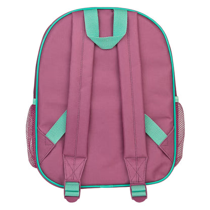 Achterzijde paarse rugzak kinderen met turquoise verstelbare schouderbanden en mesh zijvakken, lichtgewicht en comfortabel.