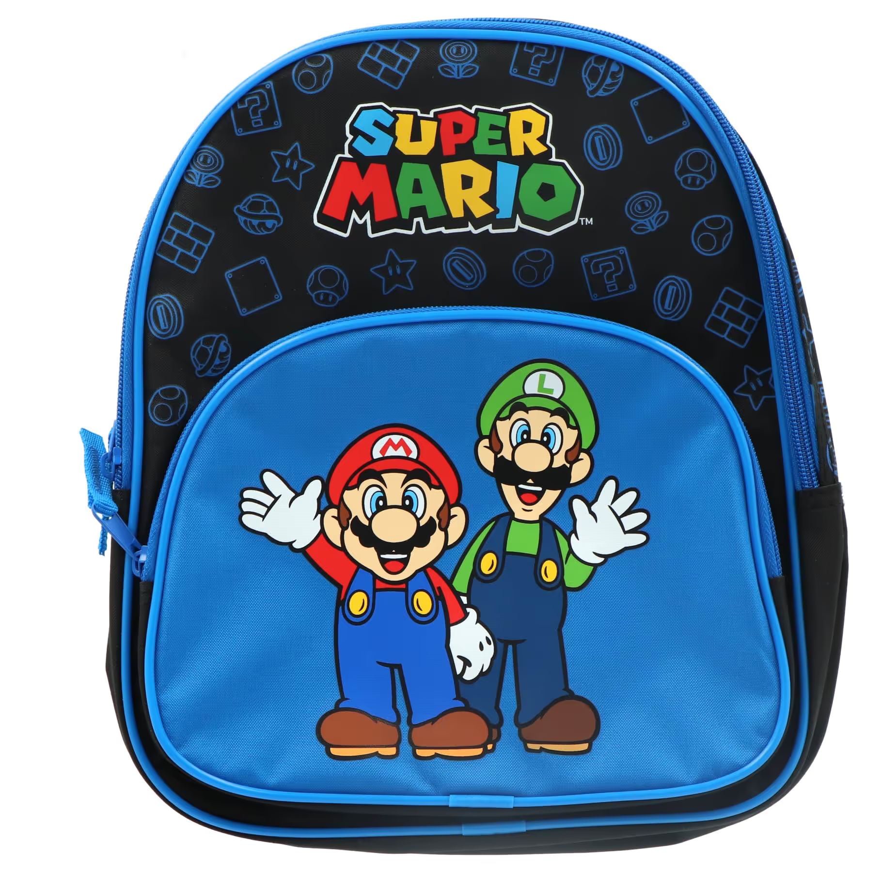 Rugzak kinderen in blauw met Super Mario print, Mario en Luigi vrolijk afgebeeld, stevige kleine rugzak voor peuters.