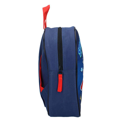 Blauw-rode rugzak peuter met Marvel Spiderman print, detailfoto zijaanzicht met rits en handvat, back to school accessoire.