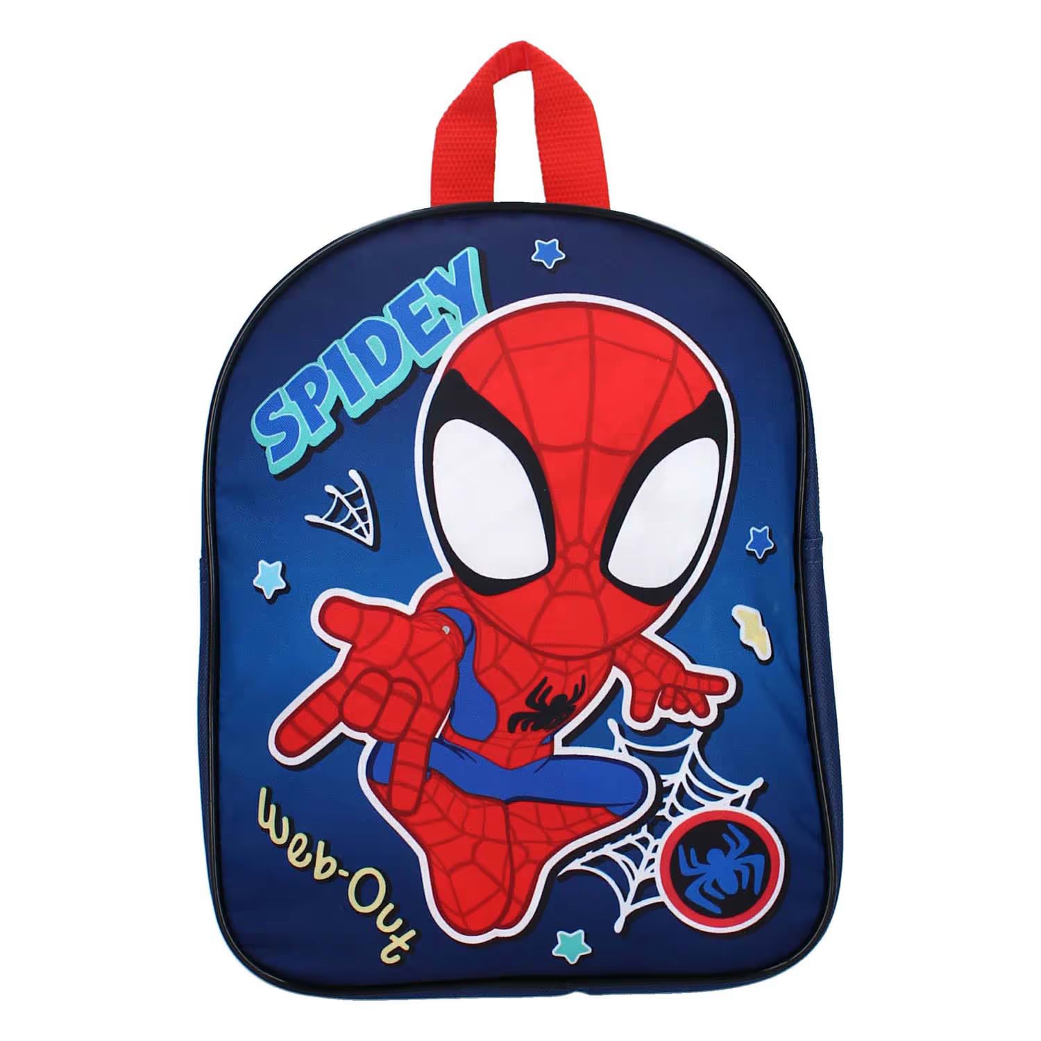 Voorkant kinder rugzak met Marvel Spiderman Spidey Web-Out! print, blauw met rode details, perfect voor jonge kinderen.