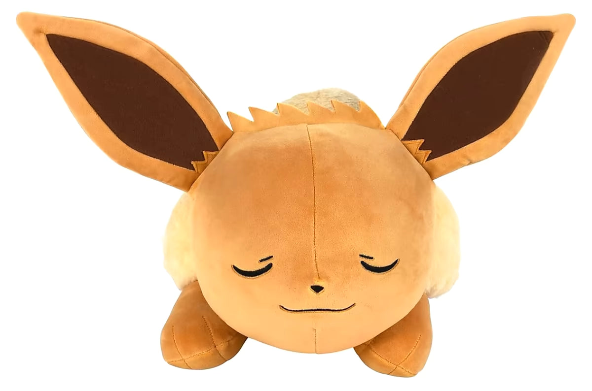 Sleeping Eevee knuffel Pokémon in vooraanzicht met gesloten ogen, zachte vacht en rustige pose geïnspireerd door gen 1 Pokémon stijl.