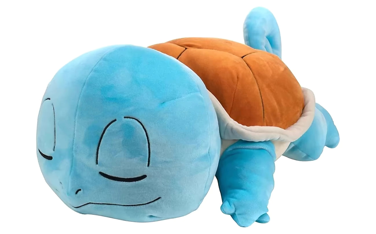 Sleeping Squirtle knuffel Pokémon slaap knuffel zijkant, zachte pluche met oranje schild en gesloten ogen