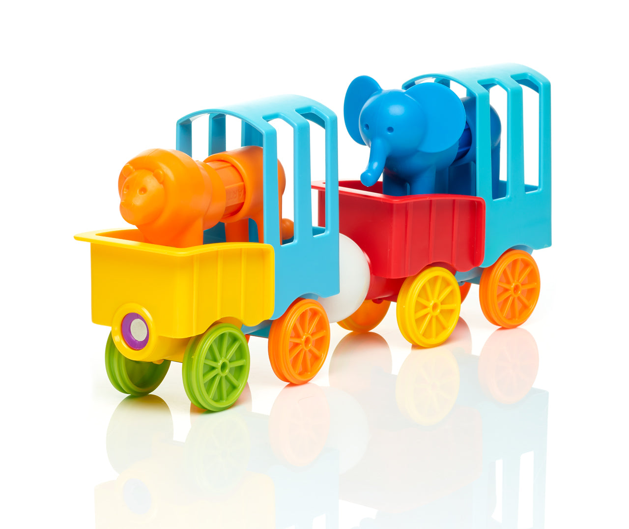 SmartMax My First Animal Train SMX 410 detail met magnetische wagons, blauwe olifant en oranje leeuw figuren