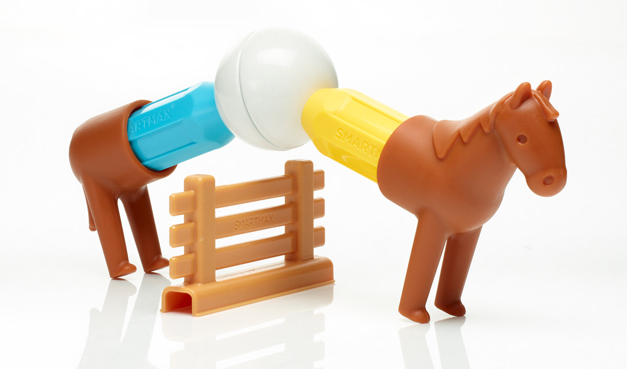 SmartMax My First Tractor SMX 222 magnetische bouwstenen, twee paarden met gekleurd magneetstuk en hek