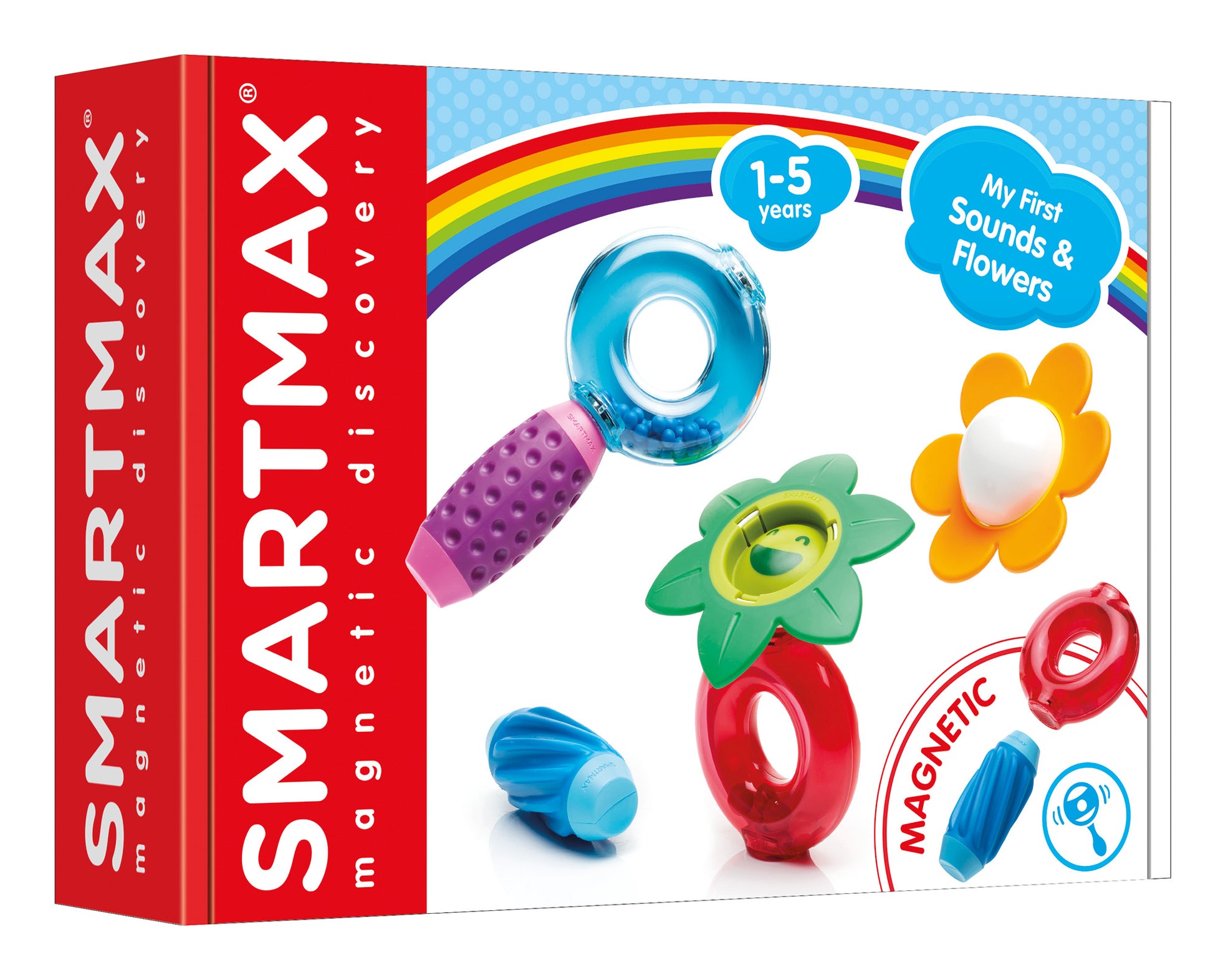 Voorkant verpakking SmartMax My First Sounds & Flowers SMX 247 met bloemen en vermelding 1–5 jaar en magnetic.