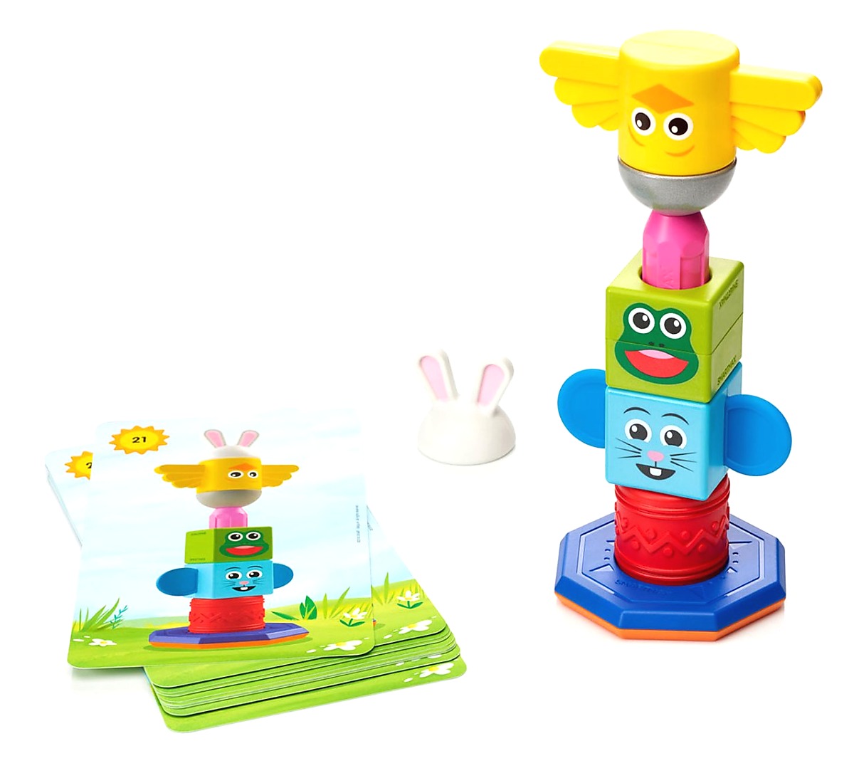 SmartMax My First Totem SMX 230 magnetische bouwstenen met opdrachtenkaarten en konijn op witte achtergrond
