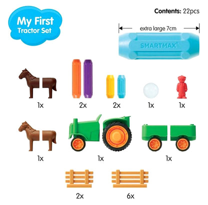 Overzicht van SmartMax My First Tractor SMX 222 met 22 onderdelen, magnetisch speelgoed met tractor, dieren en hekken.