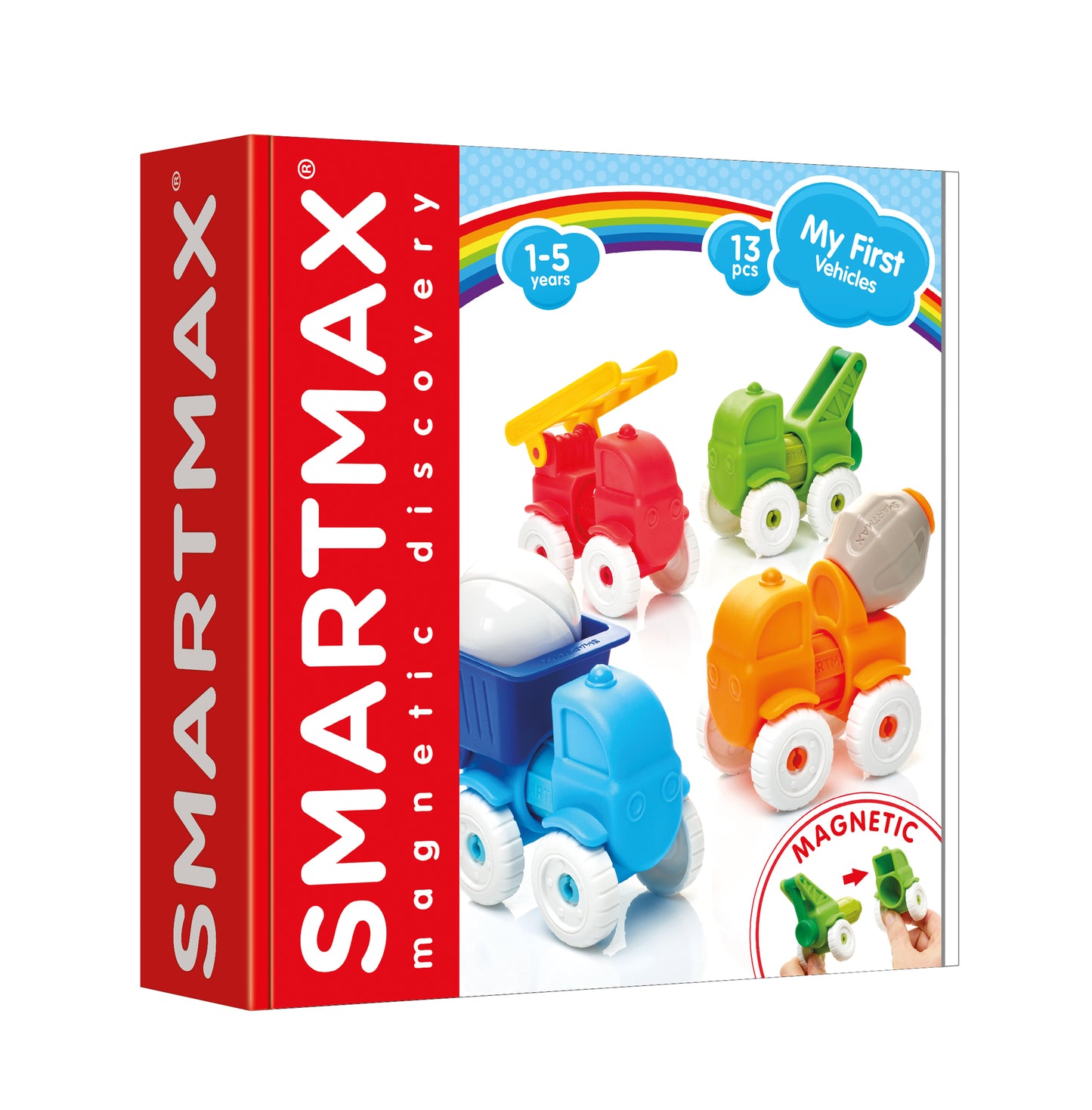 SmartMax My First Vehicles SMX 226 voorkant doos met 13 magnetische voertuigdelen, geschikt voor kinderen van 1–5 jaar