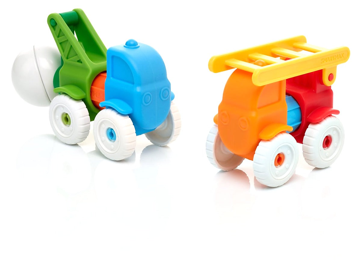SmartMax My First Vehicles SMX 226 magnetische voertuigen groene kraanwagen en rode brandweerwagen naast elkaar