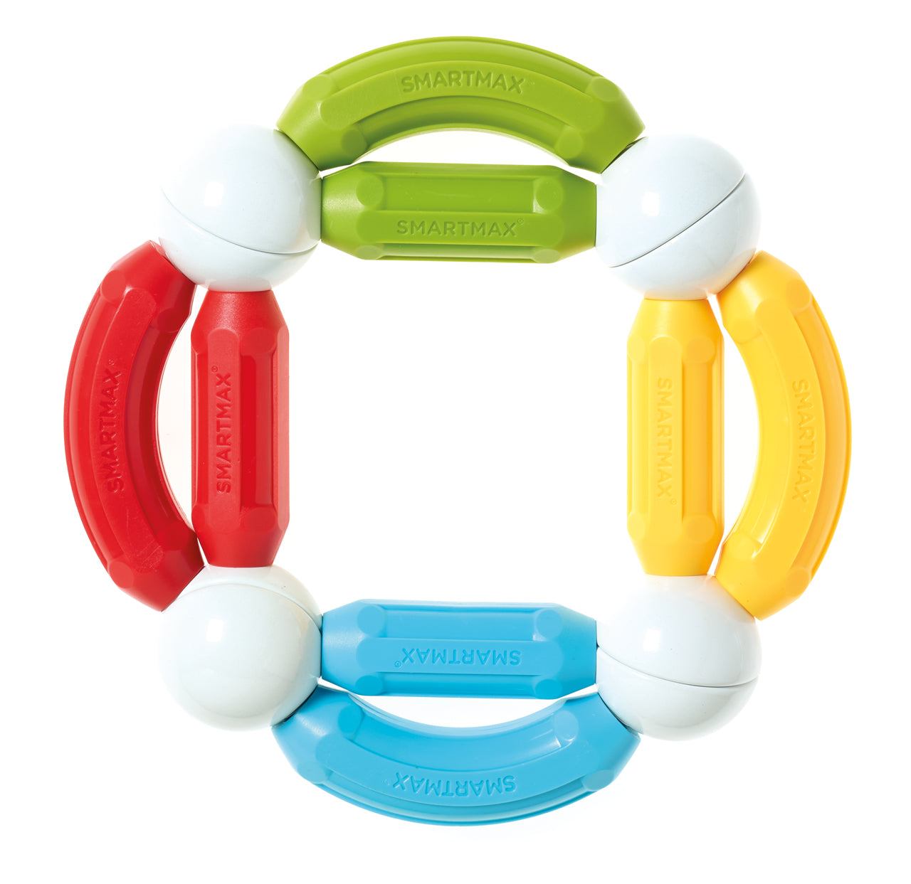 Vooraanzicht SmartMax Start Plus SMX 310 vierkante constructie met gekleurde magneetstaven en witte balletjes